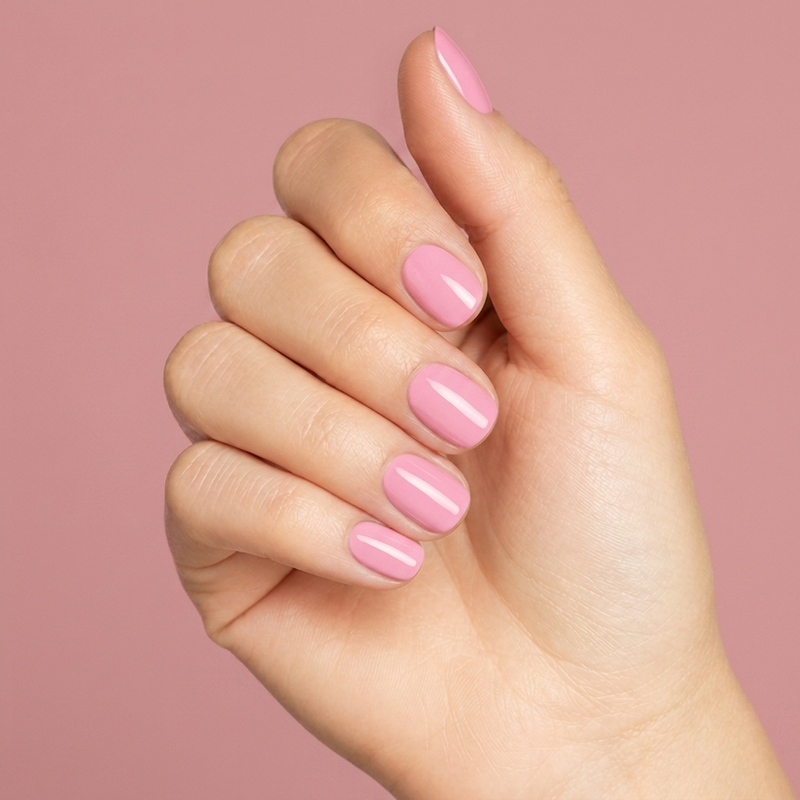 Mano con las uñas pintadas con esmalte en gel Gelish Look At You Pink-Achu!, color Rosas acabado Cream
