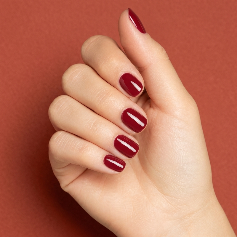 Mano con las uñas pintadas con esmalte en gel Gelish Ruby Two-Shoes, color Rojos acabado Cream