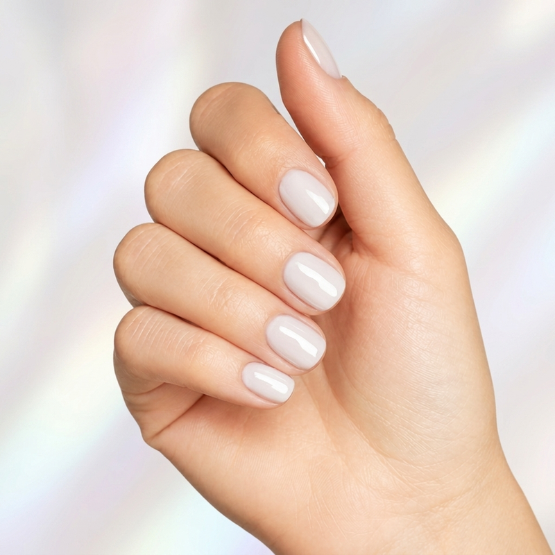 Mano con las uñas pintadas con esmalte en gel Gelish Magic Within, color Blancos acabado Cream