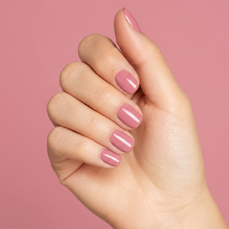 Mano con las uñas pintadas con esmalte en gel Gelish Rose-Y Cheeks, color Rosas acabado Cream