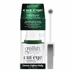 Estuche y frasco oficiales de Gelish Cat Eye Magnetic Reflections Green Lights Only, esmalte en gel magnético tono verde a verde azulado, con el imán incluido, 15 ml