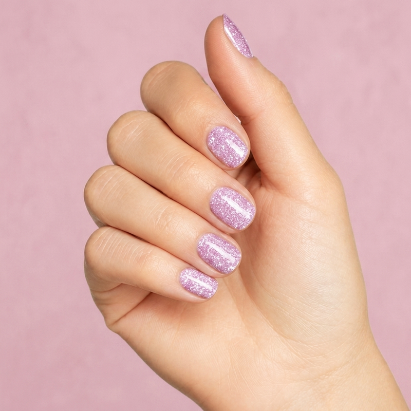 Mano con las uñas pintadas con esmalte en gel Gelish One Click At a Time, color Rosas acabado Glitter