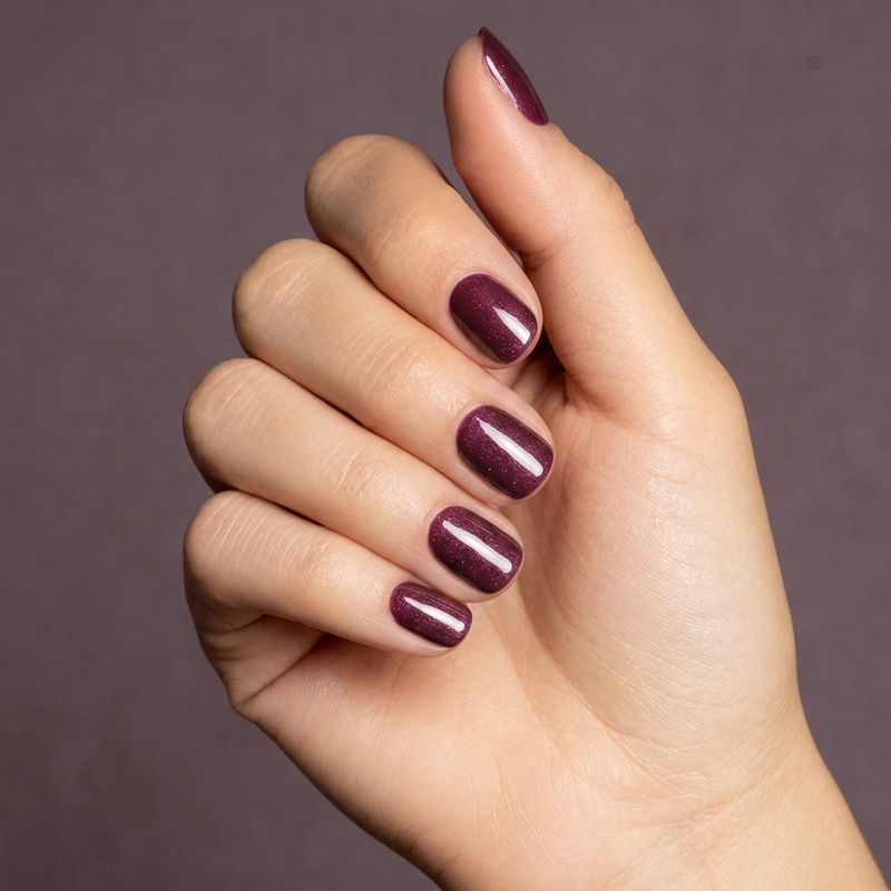 Mano con las uñas pintadas con esmalte en gel Gelish Aurora - Landing On Mars, color Borgoñas acabado Cat Eye
