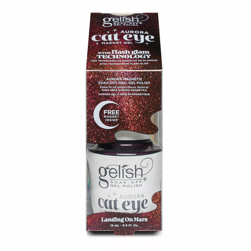 Empaque oficial de Gelish Aurora Cat Eye Landing On Mars Magnet Gel 15 ml, caja con imán incluido