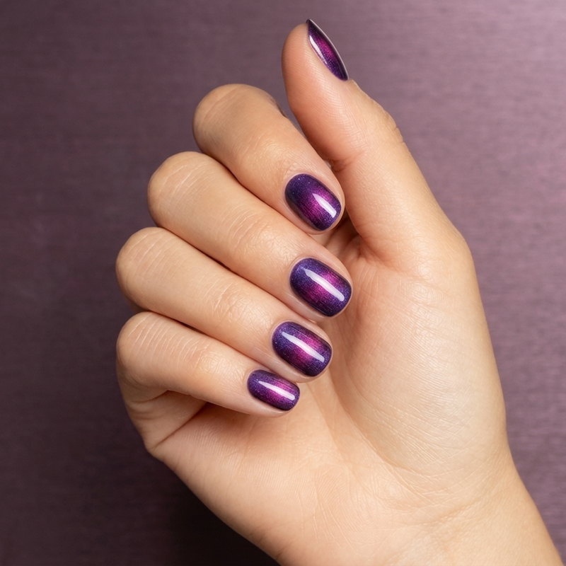 Mano con las uñas pintadas con esmalte en gel Gelish Aurora - Love At First Light, color Morados acabado Cat Eye