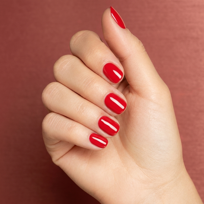 Mano con las uñas pintadas con esmalte en gel Gelish Tiger Blossom, color Rojos acabado Cream