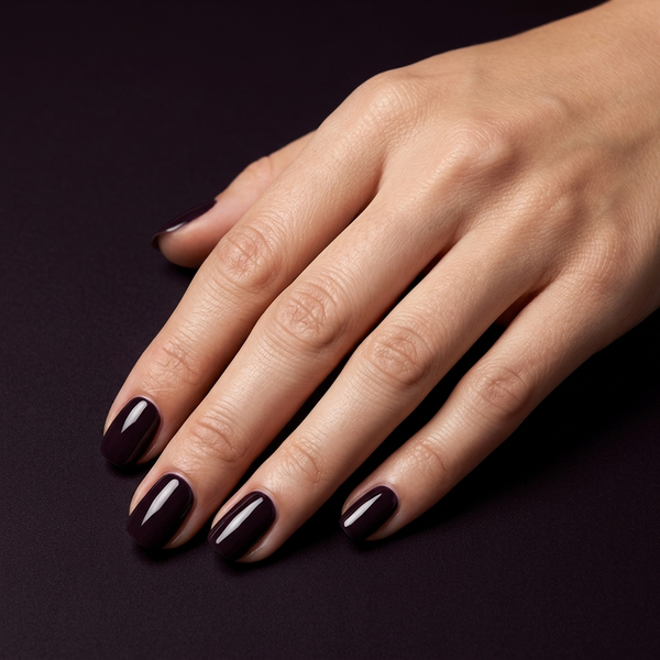 Mano con las uñas pintadas con esmalte en gel Gelish Bella's Vampire, color Negros acabado Cream