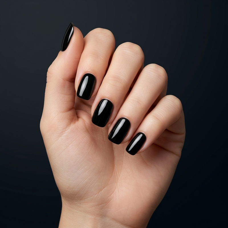 Mano con las uñas pintadas con esmalte en gel Gelish Black Shadow, color Negros acabado Cream