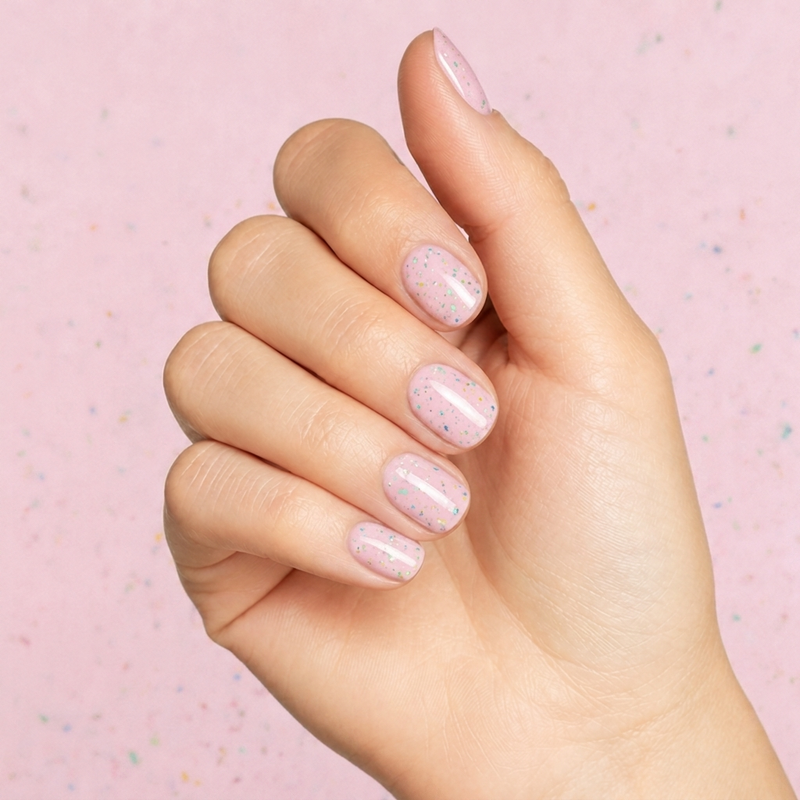 Mano con las uñas pintadas con esmalte en gel Gelish June Bride, color Rosas acabado Glitter