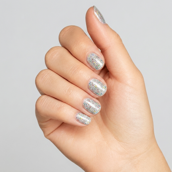Mano con las uñas pintadas con esmalte en gel Gelish Water Field, color Blancos acabado Glitter