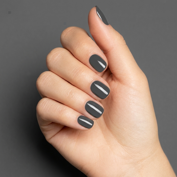 Mano con las uñas pintadas con esmalte en gel Gelish Fashion Week Chic, color Negros acabado Cream