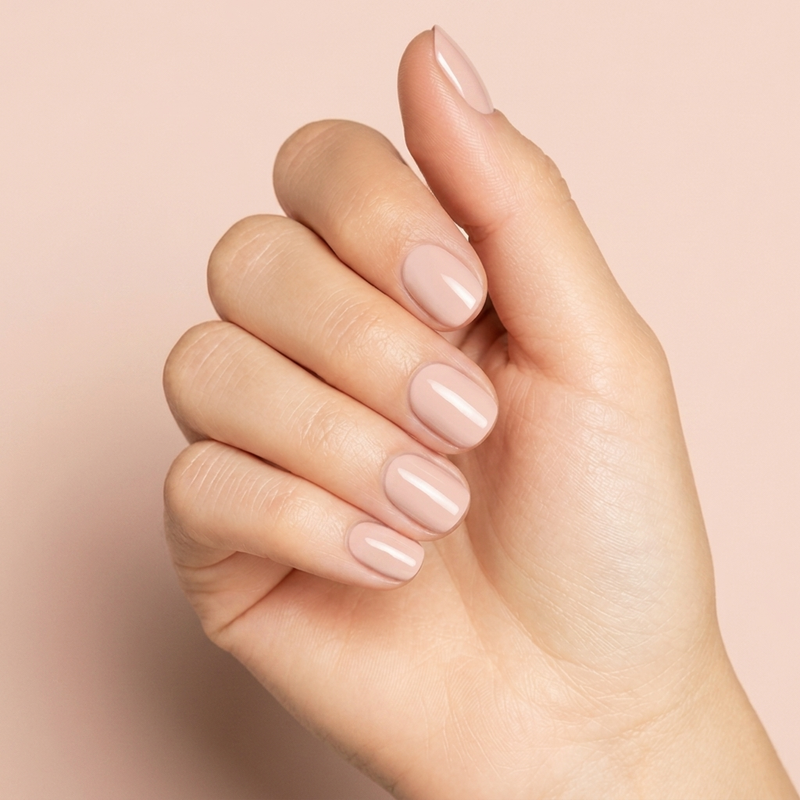 Mano con las uñas pintadas con esmalte en gel Gelish Do I Look Buff?, color Nudes acabado Cream