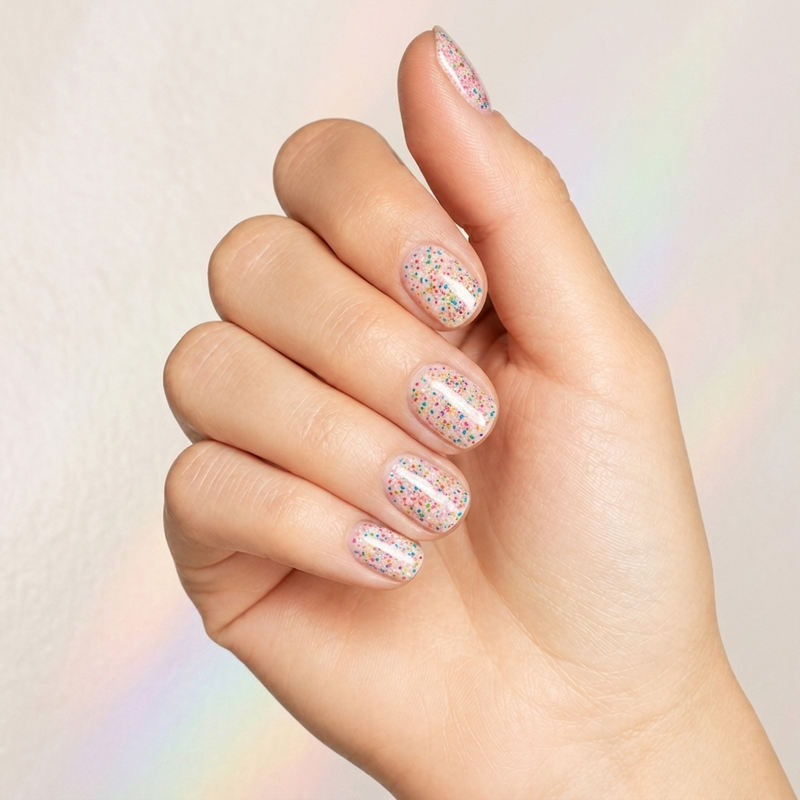 Mano con las uñas pintadas con esmalte en gel Gelish Lots Of Dots, color Blancos acabado Glitter
