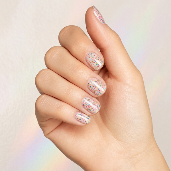 Mano con las uñas pintadas con esmalte en gel Gelish Lots Of Dots, color Blancos acabado Glitter