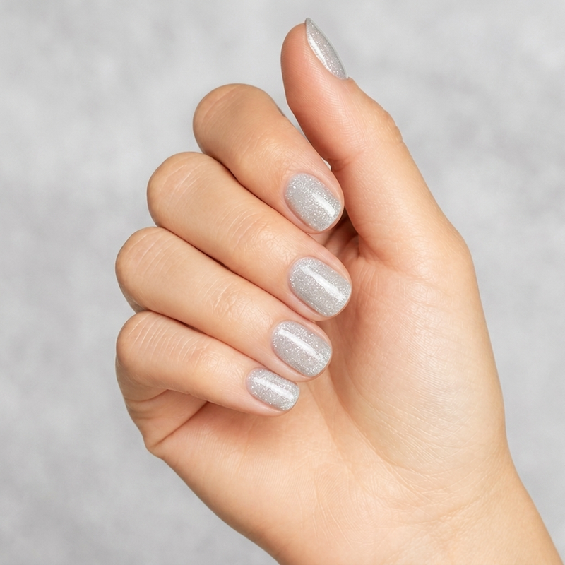 Mano con las uñas pintadas con esmalte en gel Gelish A-Lister, color Blancos acabado Cream