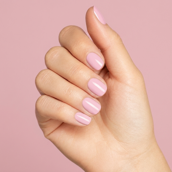 Mano con las uñas pintadas con esmalte en gel Gelish Tutus & Tights, color Rosas acabado Cream