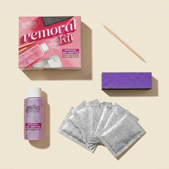 Contenido del Gelish Gel Removal Kit: caja, removedor, palito de naranjo, bloque pulidor y envoltorios de foil