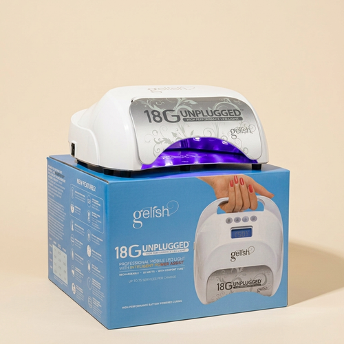 Lámpara Gelish 18G Unplugged LED encendida sobre su caja
