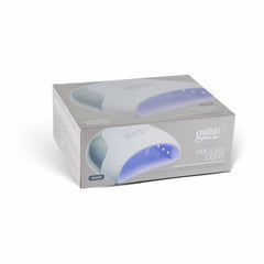 Lámpara LED Gelish 30W junto a su caja oficial gris con la gráfica gelish PRO LED LIGHT