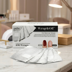 Caja de Gelish Wrap It Off con los foils sobre el mostrador