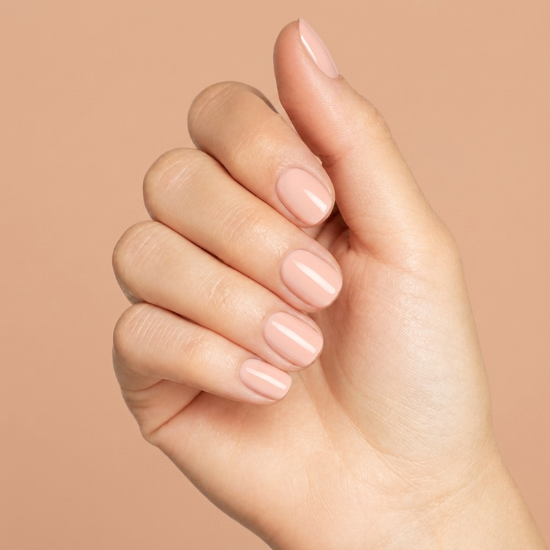Mano con las uñas pintadas con esmalte tradicional Morgan Taylor Forever Beauty, color Nudes acabado Cream