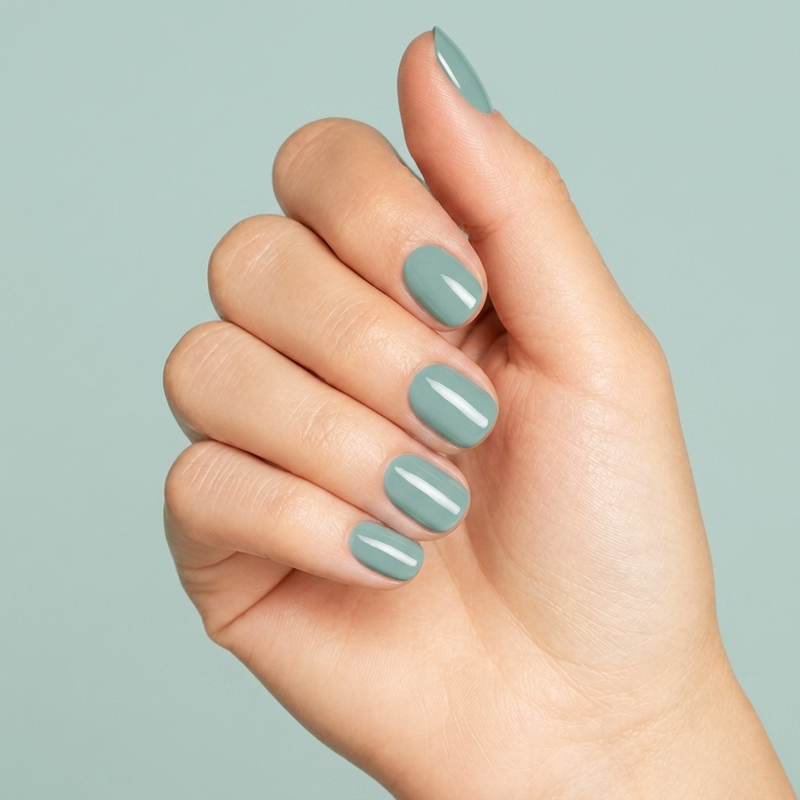 Mano con las uñas pintadas con esmalte tradicional Morgan Taylor Sea Foam, color Verdes acabado Cream