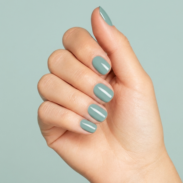Mano con las uñas pintadas con esmalte tradicional Morgan Taylor Sea Foam, color Verdes acabado Cream