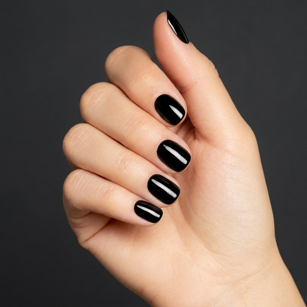 Mano con las uñas pintadas con esmalte tradicional Morgan Taylor Black Shadow, color Negros acabado Cream