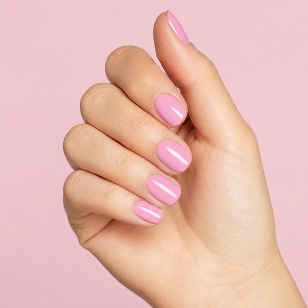 Mano con las uñas pintadas con esmalte tradicional Morgan Taylor Go Girl, color Rosas acabado Cream