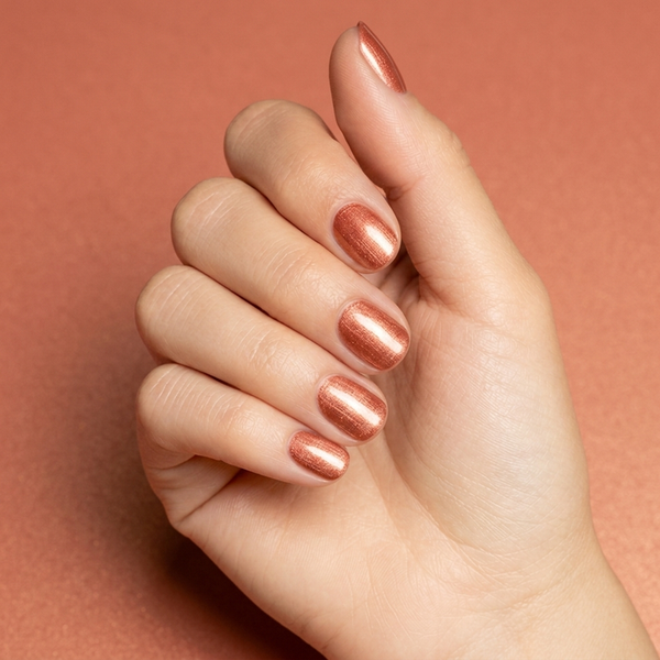 Mano con las uñas pintadas con esmalte tradicional Morgan Taylor Sunrise And The City, color Naranjas acabado Shimmer