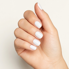Mano con las uñas pintadas con esmalte tradicional Morgan Taylor Arctic Freeze, color Blancos acabado Cream