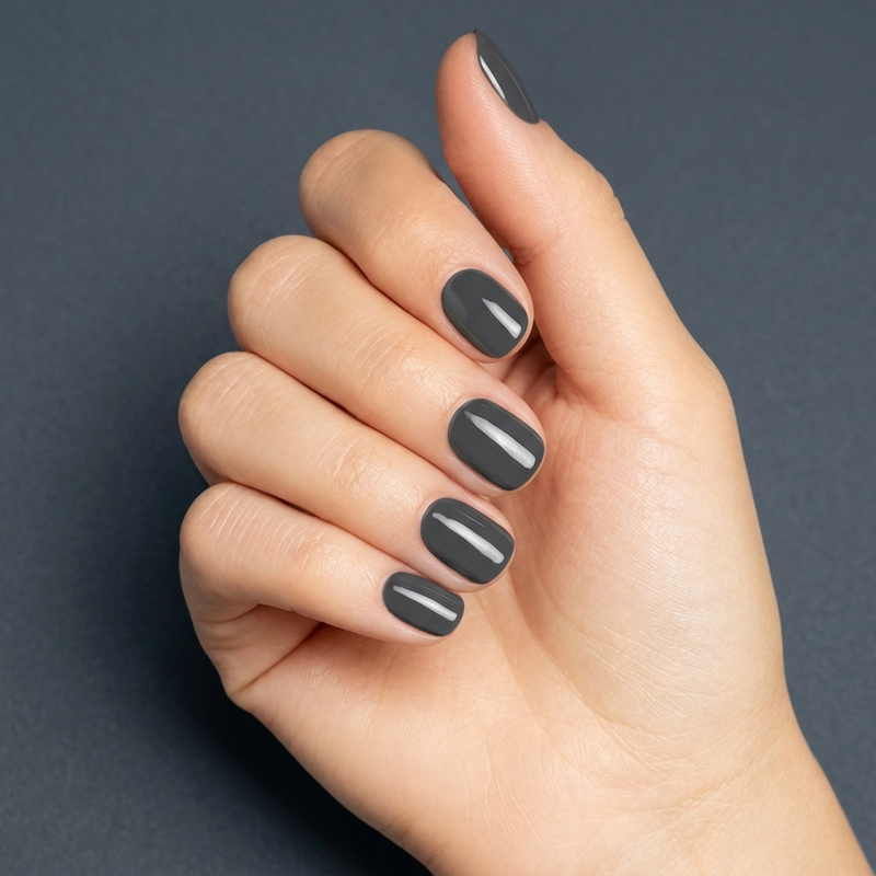 Mano con las uñas pintadas con esmalte tradicional Morgan Taylor Fashion Week Chic, color Negros acabado Cream