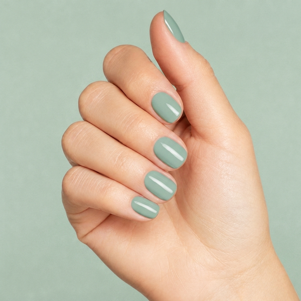 Mano con las uñas pintadas con esmalte tradicional Morgan Taylor A Mint Of Spring, color Verdes acabado Cream