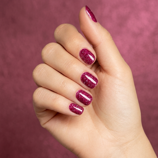 Mano con las uñas pintadas con esmalte tradicional Morgan Taylor All Tied Up¿ With a Bow, color Rojos acabado Shimmer