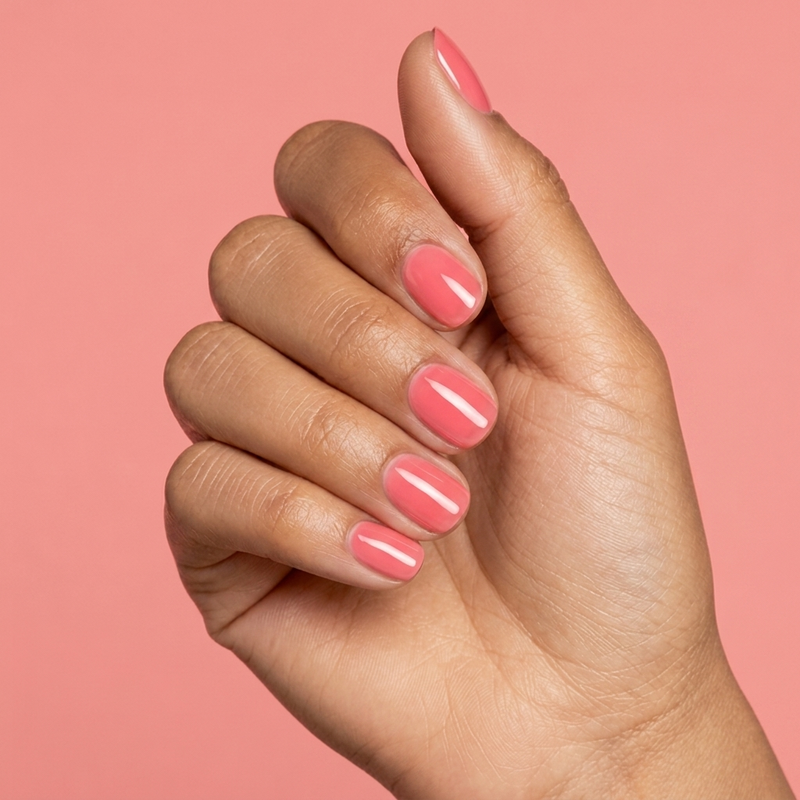 Mano con las uñas pintadas con esmalte tradicional Morgan Taylor Brights Have More Fun, color Rosas acabado Cream