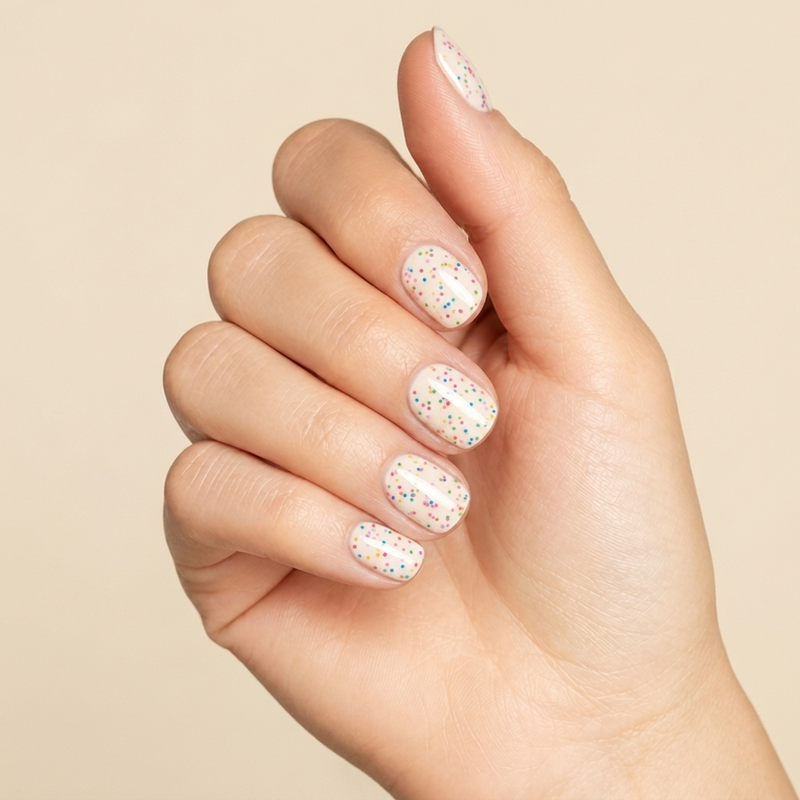 Mano con las uñas pintadas con esmalte tradicional Morgan Taylor Lots Of Dots, color Blancos acabado Glitter