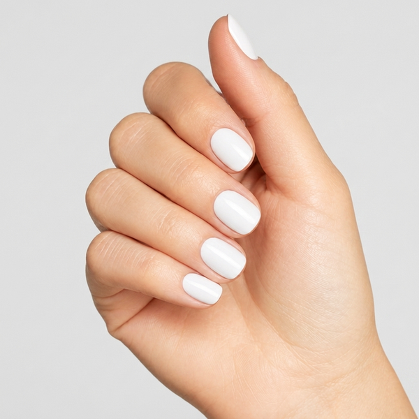 Mano con las uñas pintadas con esmalte tradicional Morgan Taylor Sheer & Silk, color Blancos acabado Cream