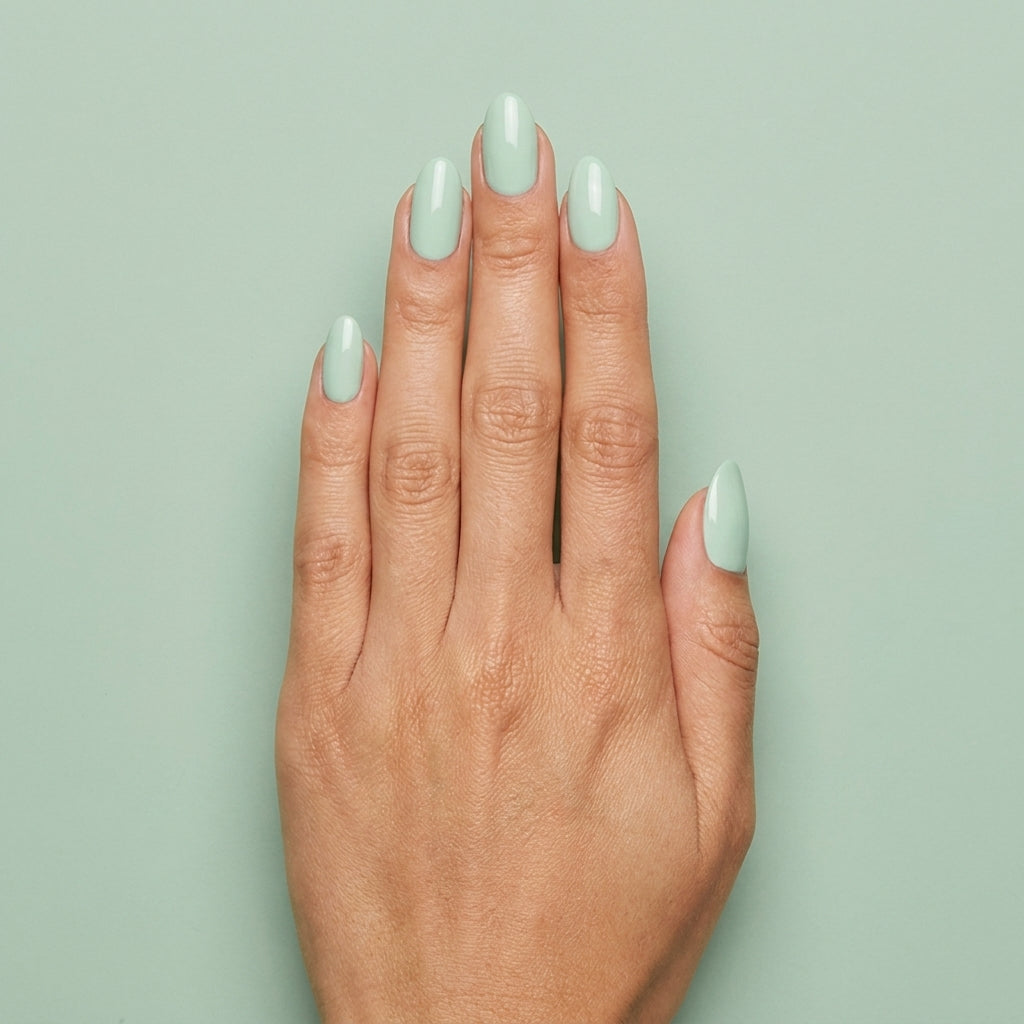 Mano con las uñas pintadas con esmalte tradicional Morgan Taylor Mint Chocolate Chip, color Verdes acabado Cream