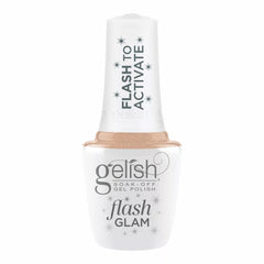 Frasco oficial Gelish Flash Glam Bright Up My Alley, envase blanco con tapa FLASH TO ACTIVATE y etiqueta flash GLAM, esmalte en gel nude rosado con destellos, 15 ml