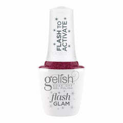 Frasco oficial Gelish Flash Glam Mesmerized By You, envase blanco con tapa FLASH TO ACTIVATE y etiqueta flash GLAM, esmalte en gel vino magenta con glitter, 15 ml