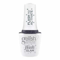 Frasco oficial Gelish Flash Glam Never Stop Glistening, envase blanco con tapa FLASH TO ACTIVATE y etiqueta flash GLAM, esmalte en gel gris grafito con glitter, 15 ml