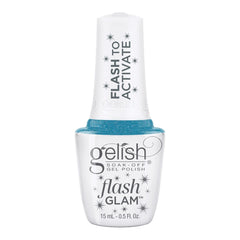 Frasco oficial Gelish Flash Glam I'll Shine For You, envase blanco con tapa FLASH TO ACTIVATE y etiqueta flash GLAM, esmalte en gel azul turquesa con glitter, 15 ml