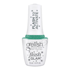 Frasco oficial Gelish Flash Glam Mint To Sparkle, envase blanco con tapa FLASH TO ACTIVATE y etiqueta flash GLAM, esmalte en gel verde menta con glitter, 15 ml