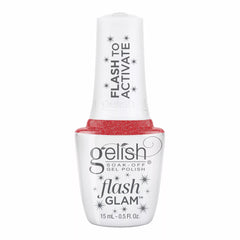 Frasco oficial Gelish Flash Glam Hold The Camera, envase blanco con tapa FLASH TO ACTIVATE y etiqueta flash GLAM, esmalte en gel rojo con glitter, 15 ml