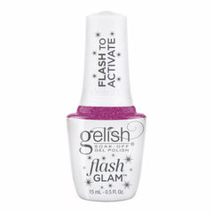 Frasco oficial Gelish Flash Glam My Best Selfie, envase blanco con tapa FLASH TO ACTIVATE y etiqueta flash GLAM, esmalte en gel magenta con glitter, 15 ml