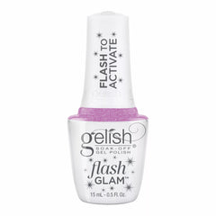 Frasco oficial Gelish Flash Glam One Click At A Time, envase blanco con tapa FLASH TO ACTIVATE y etiqueta flash GLAM, esmalte en gel lavanda con glitter, 15 ml