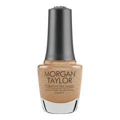 Frasco oficial Morgan Taylor Bronzed, envase alto de vidrio con tapa gunmetal y etiqueta negra Professional Nail Lacquer, esmalte tradicional oro con glitter, 15 ml